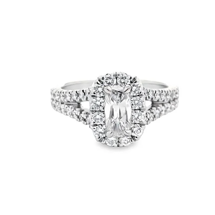 Henri Daussi Cushion Engagement Ring with Pavé Halo in 18K White Gold