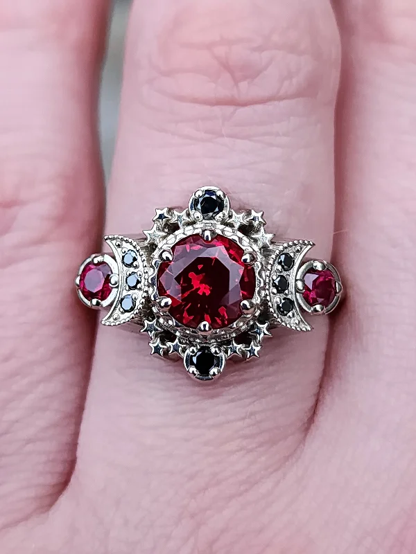 Blood Moon Chatham Ruby Engagement Ring with Black Diamonds Cosmos Gothic Triple Moon Wedding Ring - 14k Palladium Gold