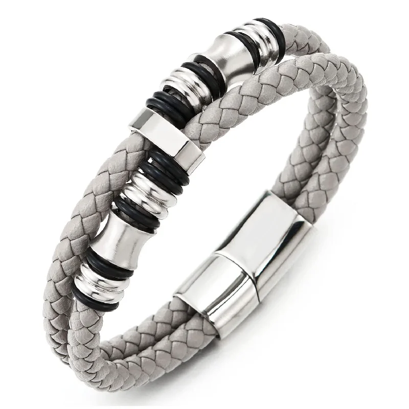 Mens Double-Row Beige Grey Braided Leather Bracelet Bangle Wristband with Silver Steel Ornaments