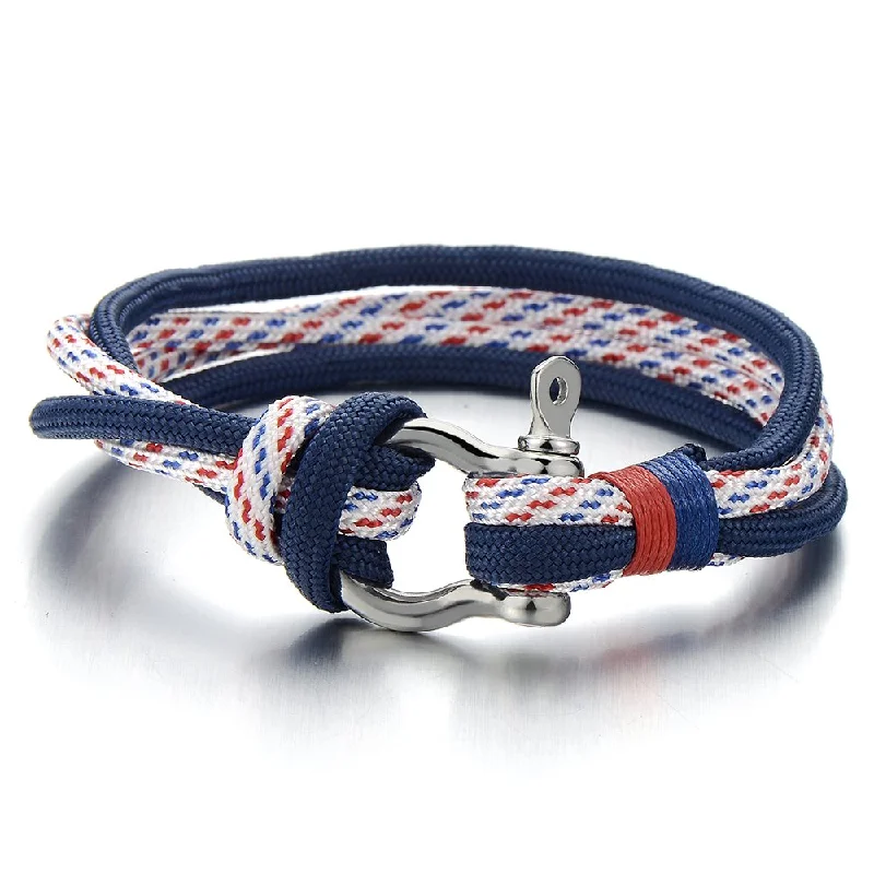 Women Man Steel Screw Anchor Shackles Blue Nautical Sailor Rope Cord Braided Wrap Bracelet Wristband