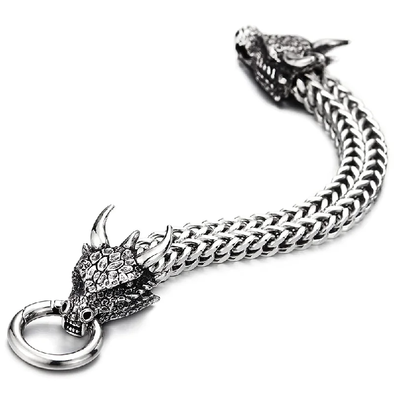 Men Steel Square Franco Chain Curb Chain Bracelet Dragon Head with Scales Spiked Horn, Ring Clasp