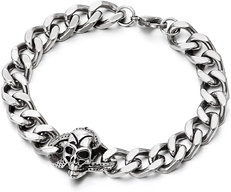 COOLSTEELANDBEYOND Stainless Steel Skull Bracelet for Men Women, Curb Chain Link Polished, Gothic Biker