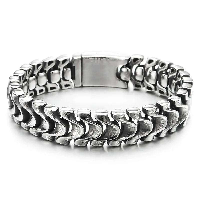 Stainless Steel Mens Masculine Vintage Dragon Scales Link Chain Bracelet Box Spring Clasp, Punk Rock