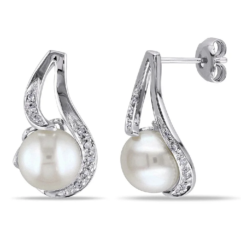 Miadora Sterling Silver FW Pearl and Diamond Accent Earrings (9.5-10 MM)