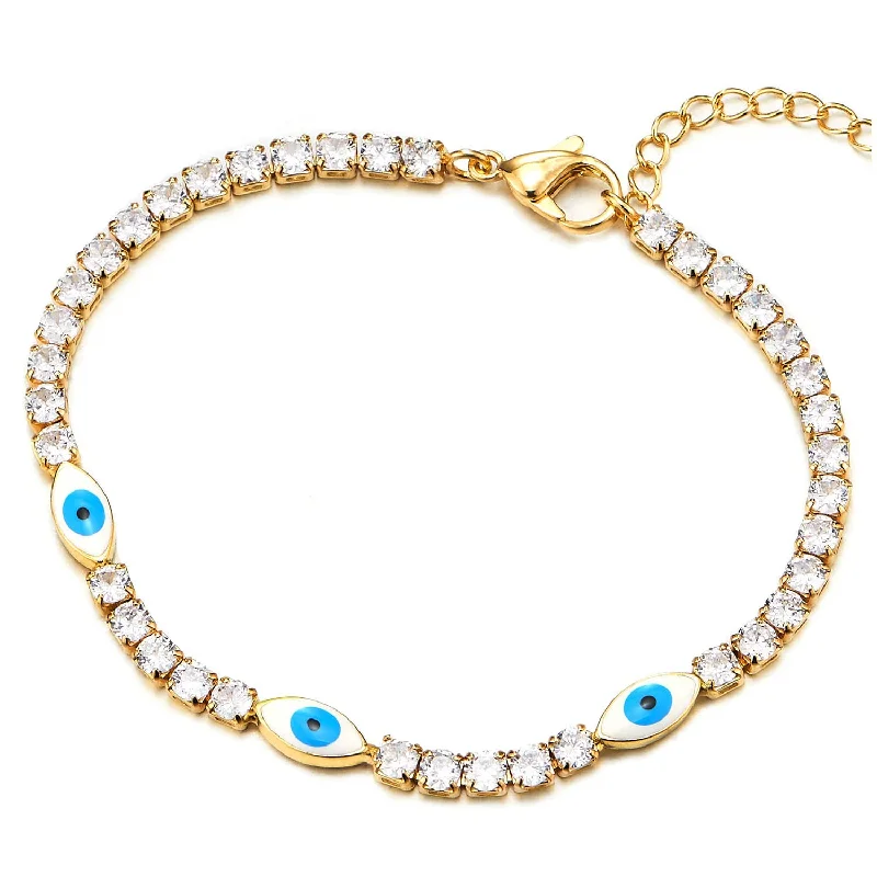 Womens Cubic Zirconia Pave Gold Color Link Chain Bracelet with Three Evil Eye Charms, Adjustable