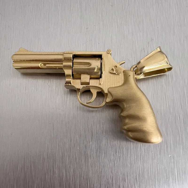 14k Yellow Gold 3D .357 Magnum Revolver Pistol w/ Moving Cylinder Pendant 34.9g