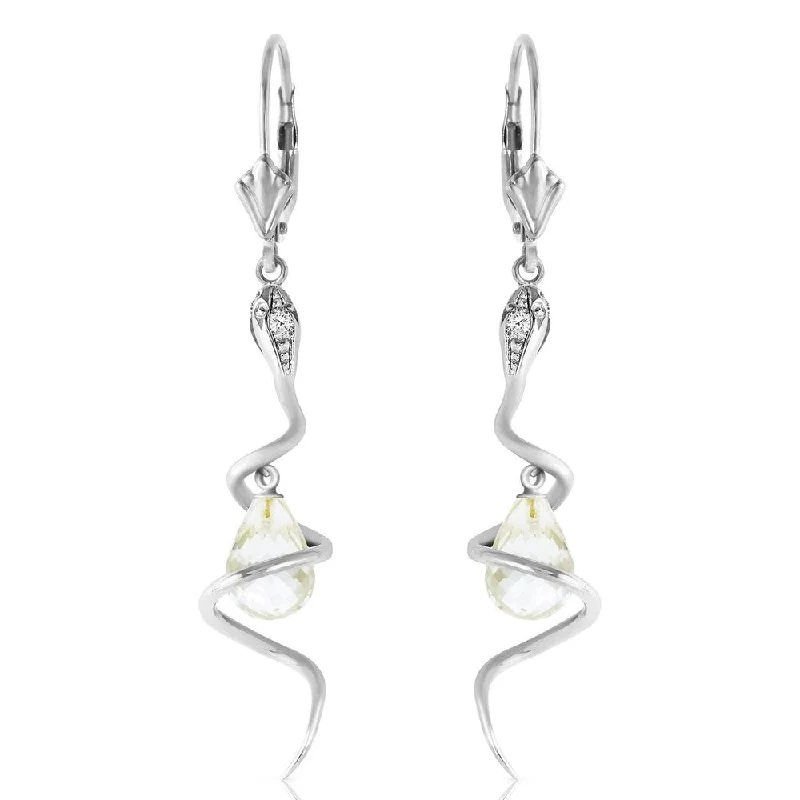 14K Solid White Gold Snake Earrings with Dangling Briolette White Topaz & Diamonds