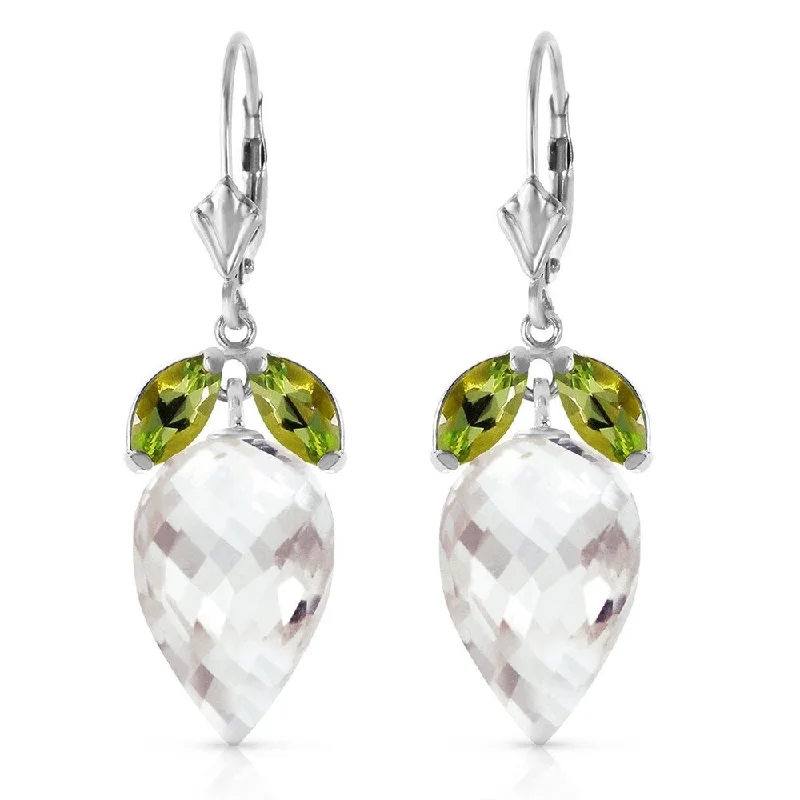 25.5 Carat 14K Solid White Gold Earrings Peridot Briolette White Topaz