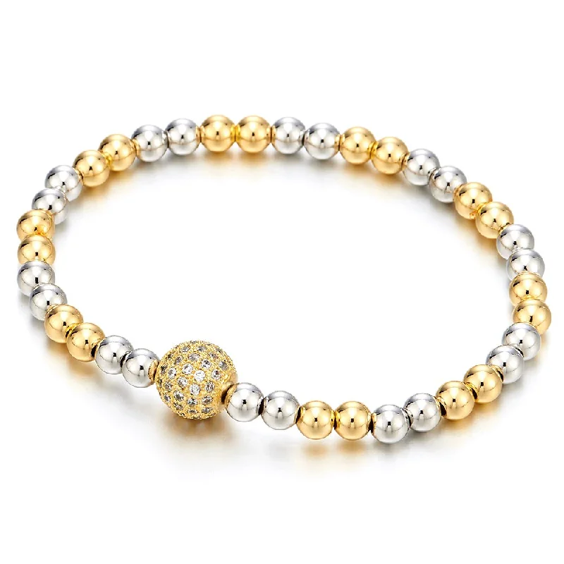 Beautiful Gold Silver Two-Tone Beads Bracelet for Women with Cubic Zirconia Ball