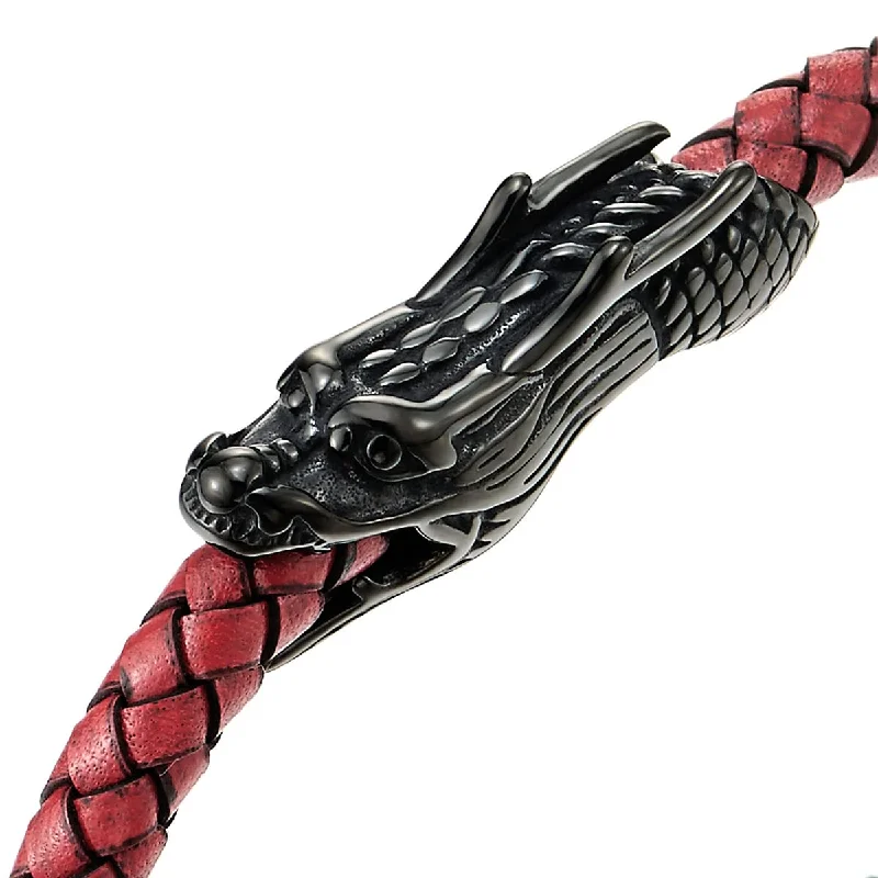 Vintage Black Stainless Steel Dragon Head Braided Red Leather Bangle Bracelet Wristband, Mens