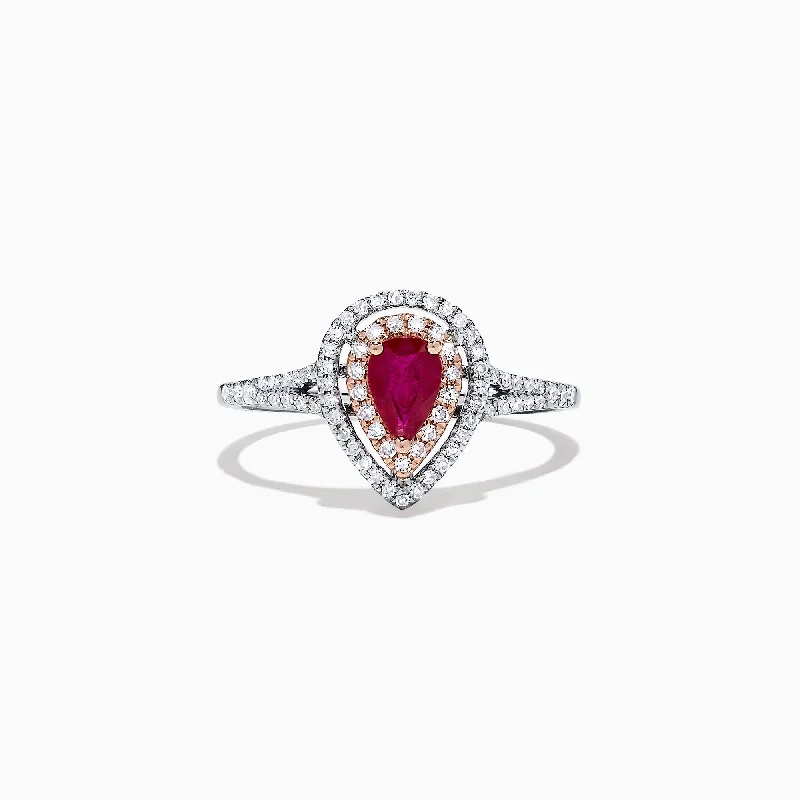 Ruby Royale 14K Two Tone Gold Pear Shaped Ruby and Diamond Ring, 0.77 TCW