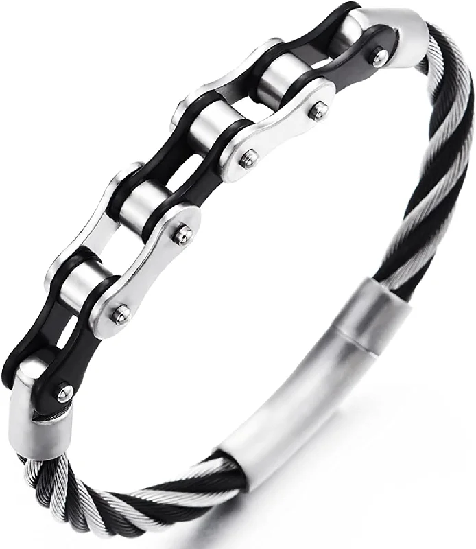 Mens Steel Silver Black Motorcycle Bike Chain Twisted Wire Bangle Bracelet, Spring Clasp