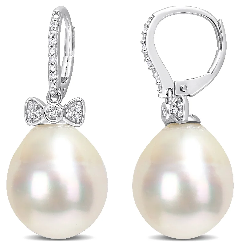 Miadora White South Sea Cultured Pearl & 1/10ct TDW Diamond Bow Leverback Earrings in 14k White Gold