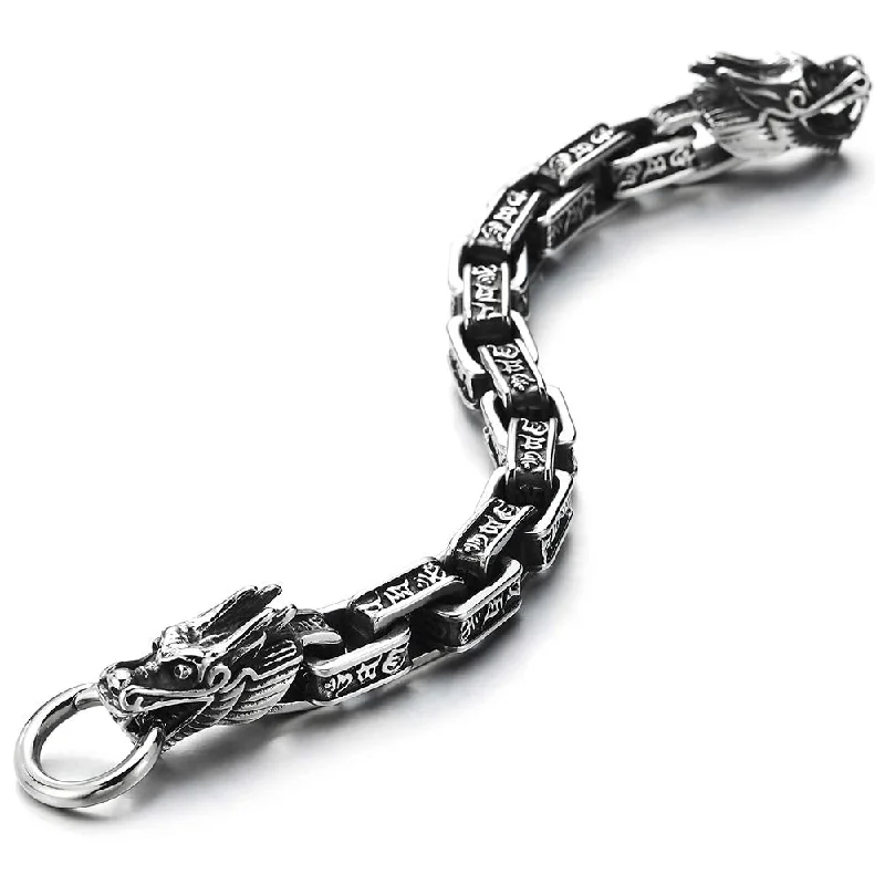 Retro Style Men Stainless Steel Dragon Sanskrit Letter Vintage Link Chain Bracelet Spring Ring Clasp