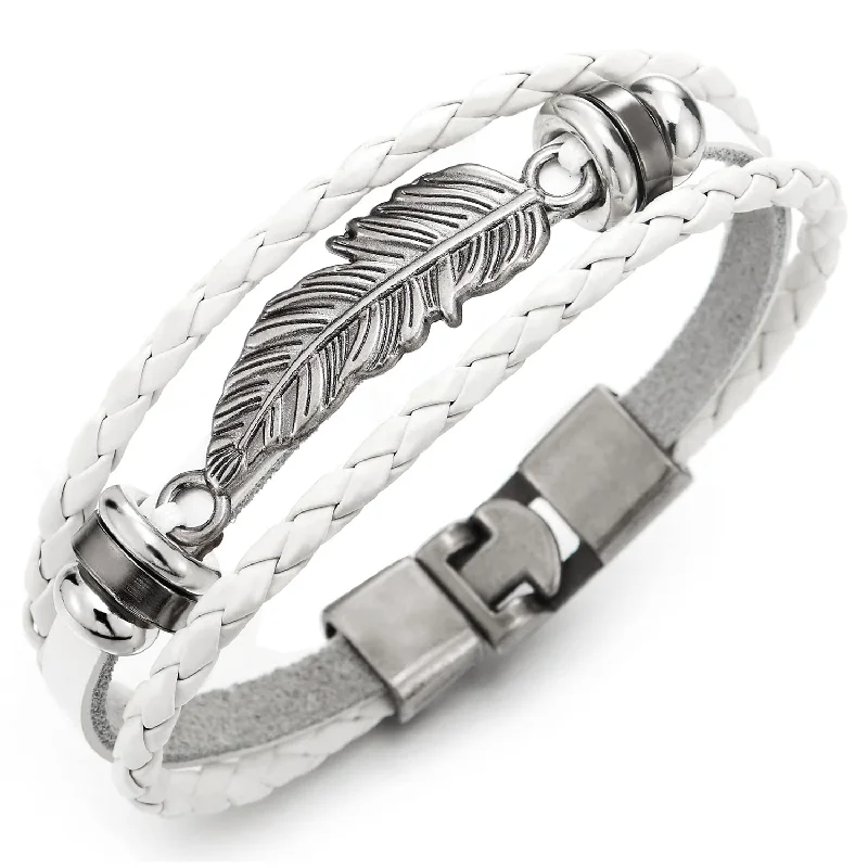 Vintage Feather Leaf White Braided Leather Bracelet for Men Women, Three-Row Leather Wristband