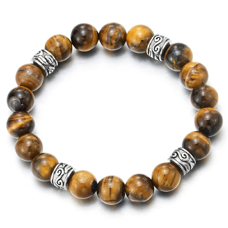 Mens Womens Tiger Eye Beads Bracelet with 4 Tribal Beads Charm, Stretchable