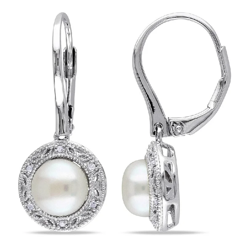 Miadora Sterling Silver White Pearl and Diamond Accent Earrings (7.5-8 mm)