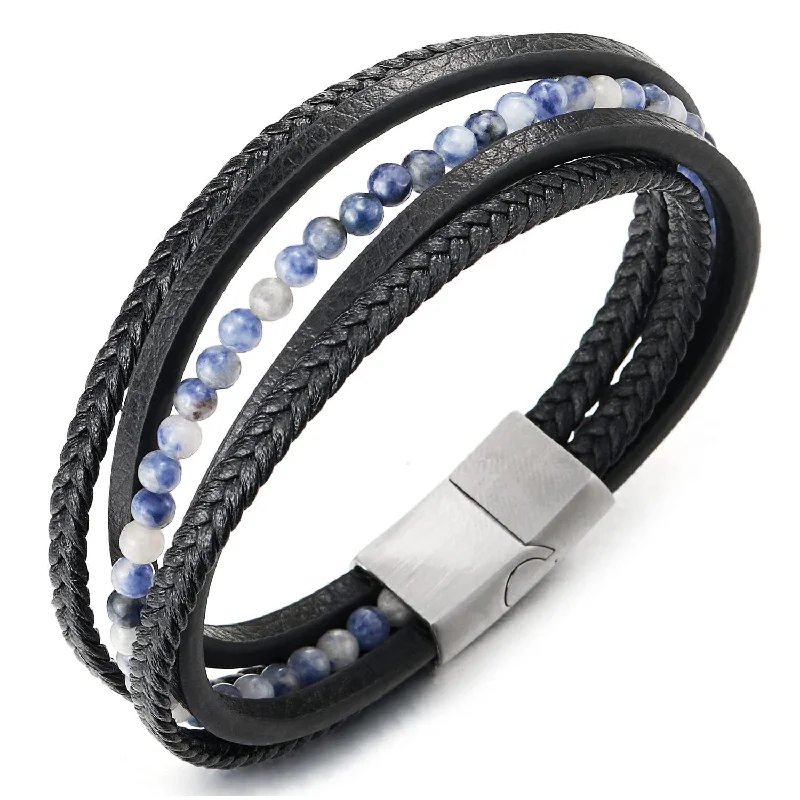 Multi-Strand Dark Blue Gem Stone Beads Chain Braided Leather Bracelet Wristband Steel Magnetic Clasp