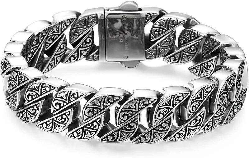 COOLSTEELANDBEYOND Sturdy and Large Stainless Steel Tribal Tattoo Pattern Fancy Curb Chain Bracelet for Men, Polished