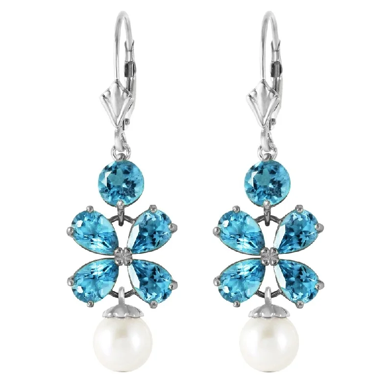 6.28 CTW 14K Solid White Gold Chandelier Earrings Blue Topaz pearl