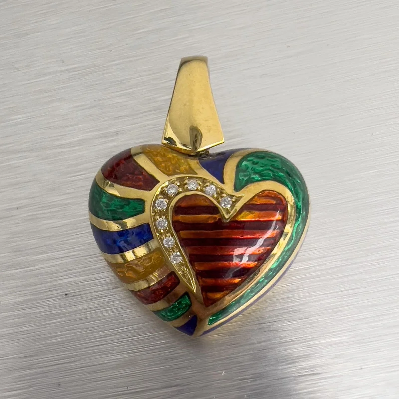 18k Yellow Gold Diamond & Enamel Puffy Heart Enhancer Pendant 0.05ctw 15.5g