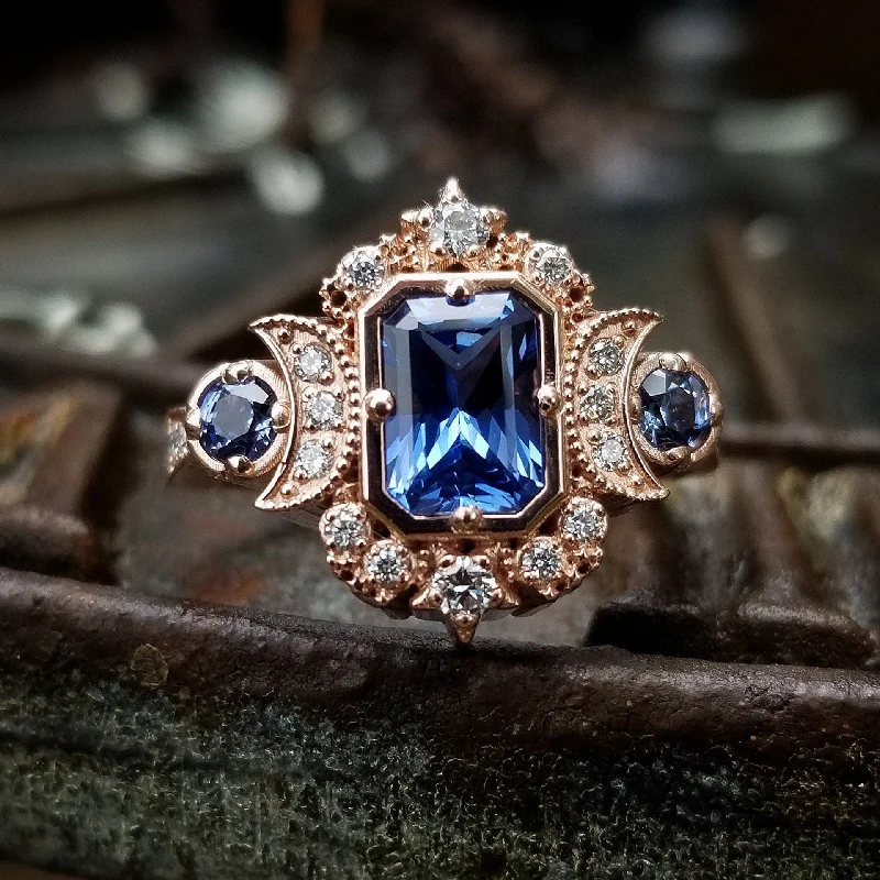 Chatham Sapphire Radiant Selene Triple Moon Engagement Ring - Diamonds and Radiant Cut Blue Chatham Sapphires - 14k Rose Gold