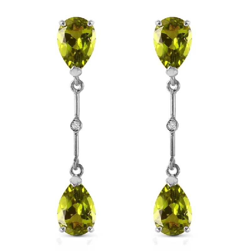 14K Solid White Gold Diamonds & Peridots Dangling Earrings