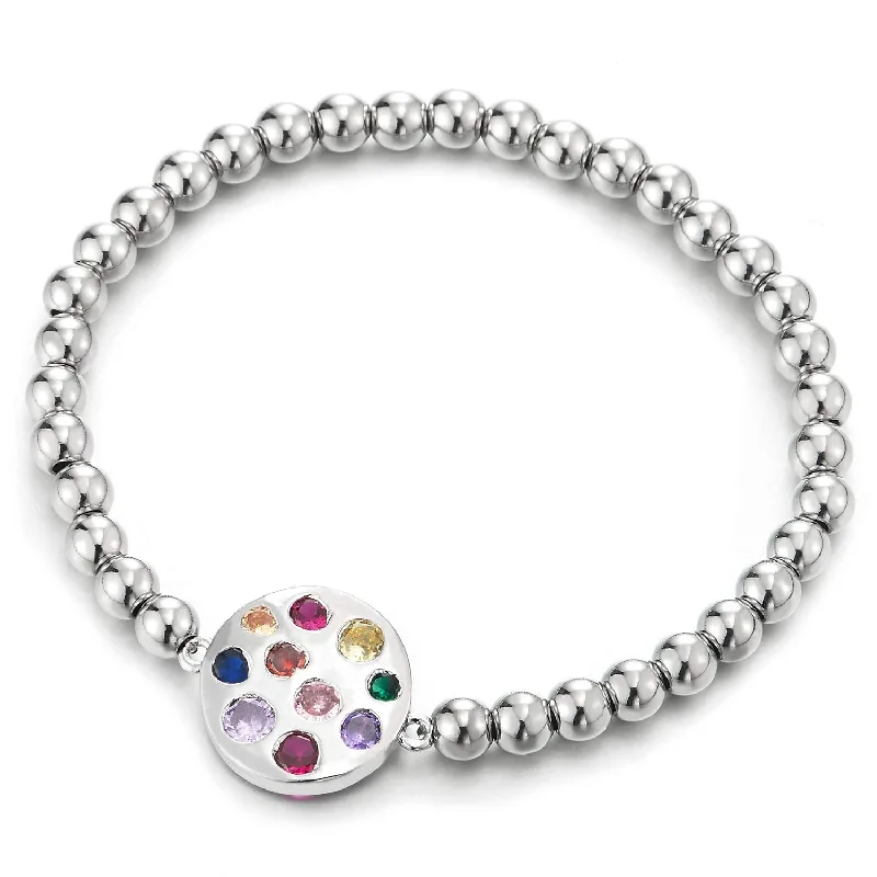 Womens Beads Link Chain Bracelet with Colorful Cubic Zirconia Pave Circle Disc, Unique