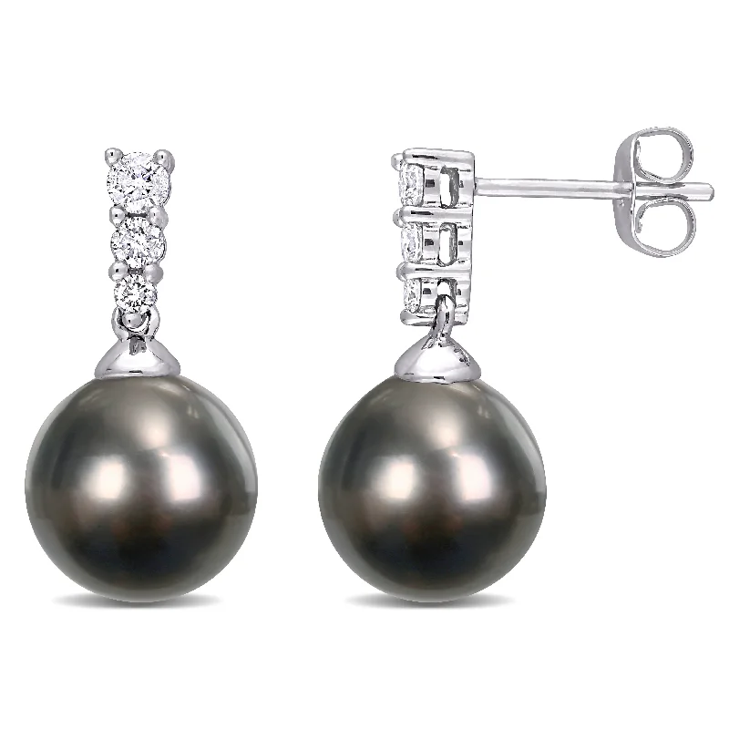 Miadora 10k White Gold Black Tahitian Cultured Pearl and 1/4ct TDW Diamond Drop Earrings (9-10mm)