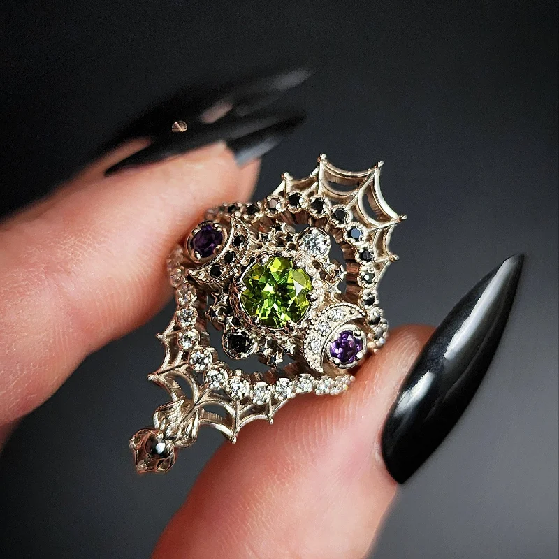 Juice of the Beetle - Peridot & Amethyst Spider Web Wedding Ring Set 14k Palladium White Gold - Black & White Diamond Gothic Engagement Ring