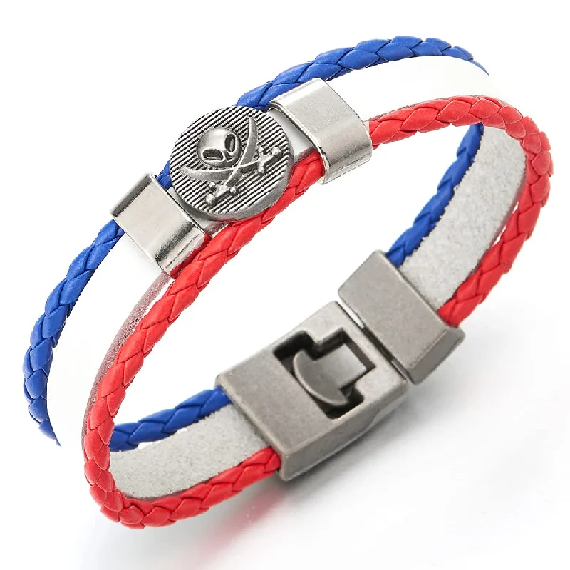 Mens Women White Red Blue Braided Leather Bangle Bracelet Vintage Skull Sword Striped Circle Charm