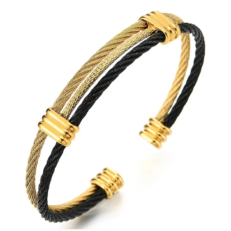 Men Women Stainless Steel Adjustable Cuff Bangle Bracelet Black and Gold Two Tone