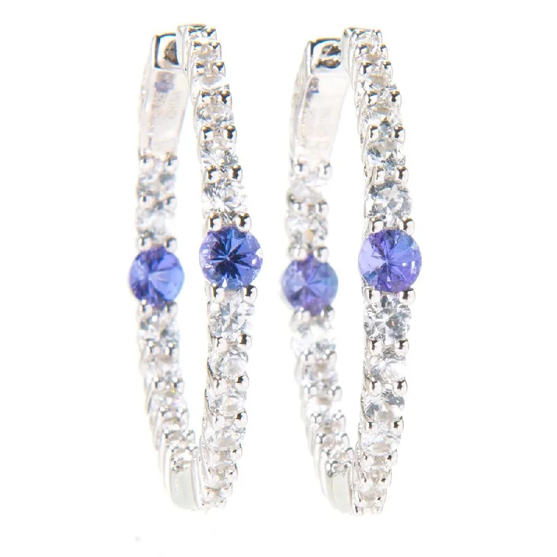 Sterling Silver Tanzanite and White Zircon 1-inch Hoop Earrings