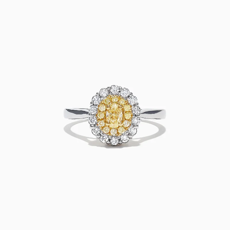 Canare 18K Two-Tone Gold Oval Double Halo Yellow Diamond Ring, 0.65 TCW