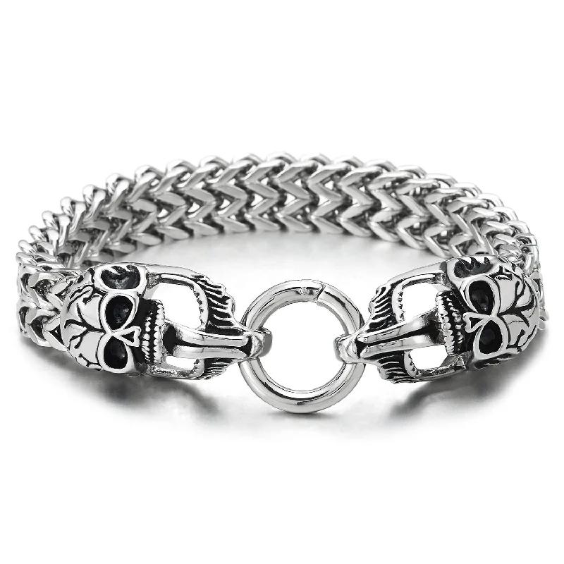 Mens Steel Vintage Skull Teeth Tongue Bracelet, Franco Link Curb Chain with Spring Ring Clasp