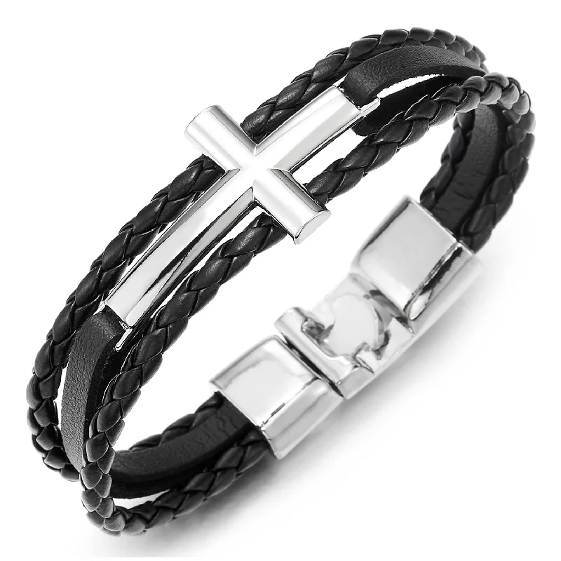 Horizontal Sideway Lateral Cross Black Braided Leather Bangle Wristband Bracelet, Three-Row