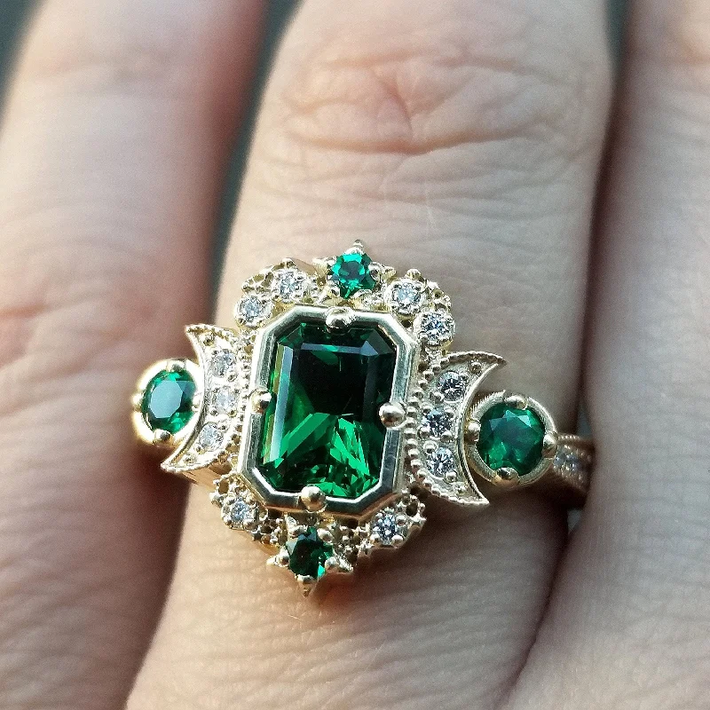 Chatham Emerald Selene Diamond Crescent Moon Engagement Ring - Emerald Cut Emerald - 14k Yellow Gold, 14k Rose Gold or 14k White Gold