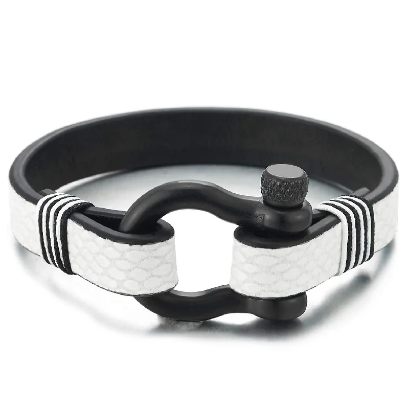 Mens Women Black Steel Nautical Screw Anchor Shackle Bracelet, White Print Leather Unique