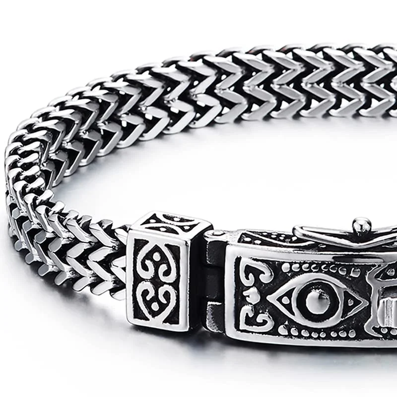 Mens Women Stainless Steel Franco Link Curb Chain Bracelet, Vintage Eye Spring Box Clasp 8.46 inches