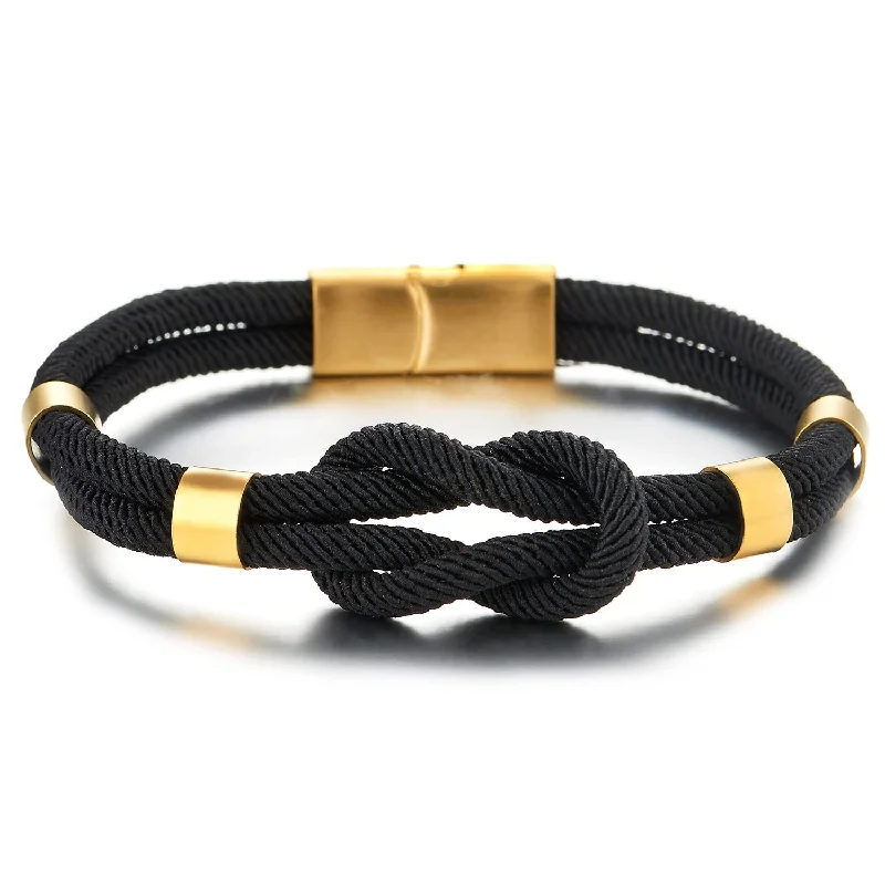 Friendship Nautical Knot Black Cotton Straps Double-Lap Wristband Bracelet, Gold Magnetic Clasp