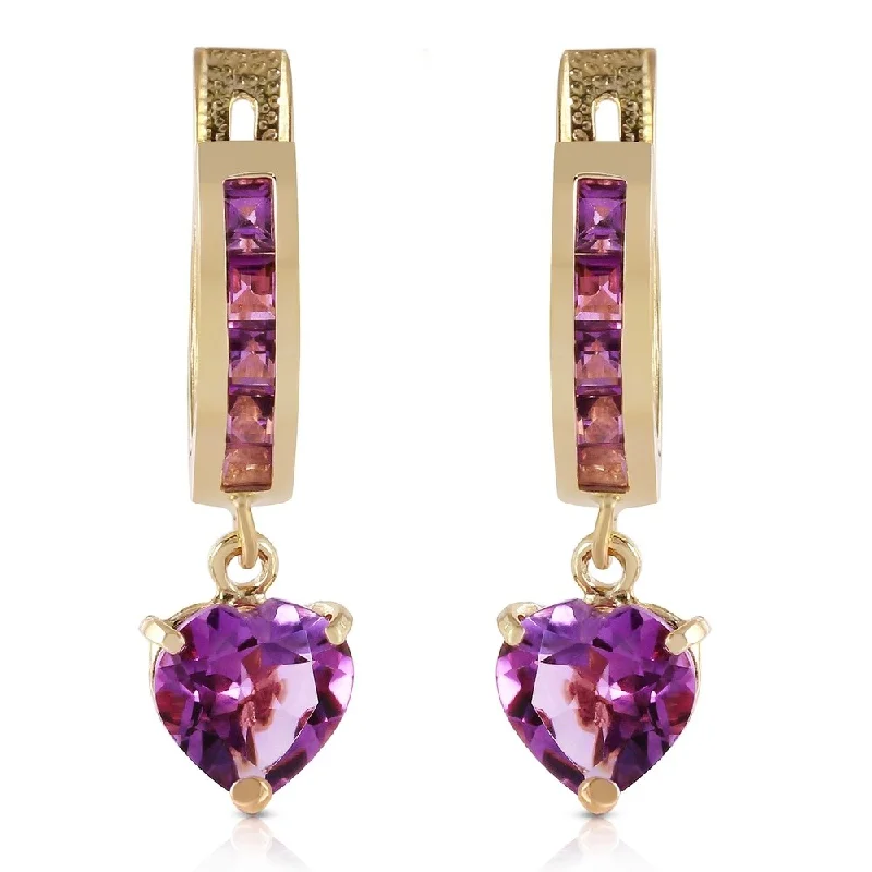 3.2 Carat 14K Solid Gold V-shape Hoop Earrings Heart Amethyst