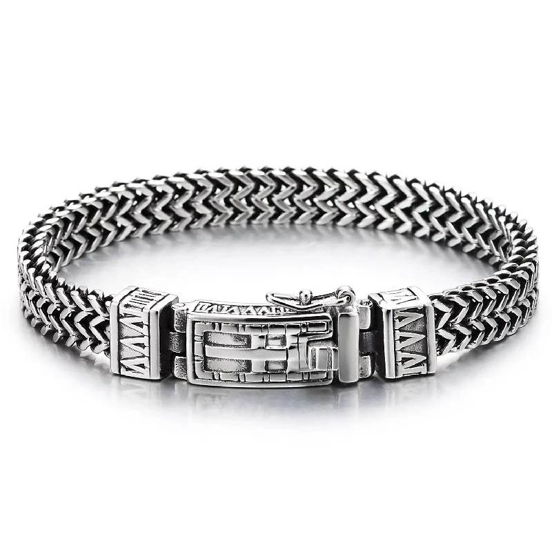 Mens Unique Steel Double Square Franco Chain Bracelet with Cross Spring Box Clasp Polished