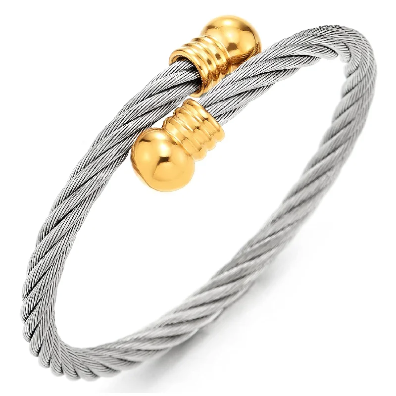 Elastic Adjustable Silver Gold Stainless Steel Open Cuff Bangle Bracelet for Men Women