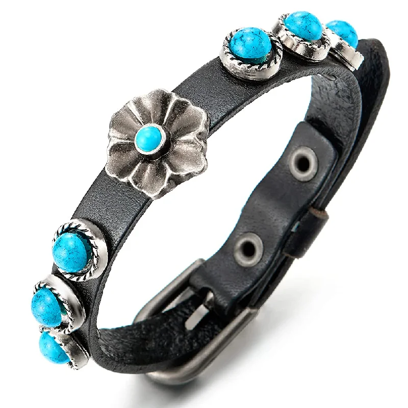 Women Black Leather Bracelet Bangle with Flower and Turquoise Beads Circle Charm , Buckle Clasp