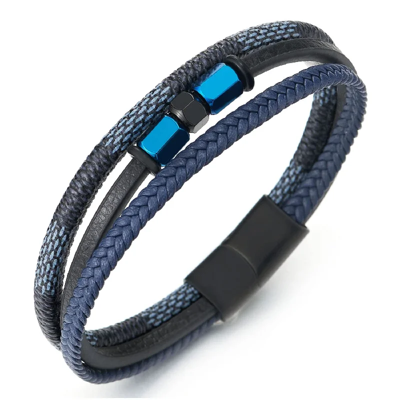 Three-Strand Navy Blue Braided Leather Bracelet Wristband with Blue Steel Charms and Magnetic Clasp