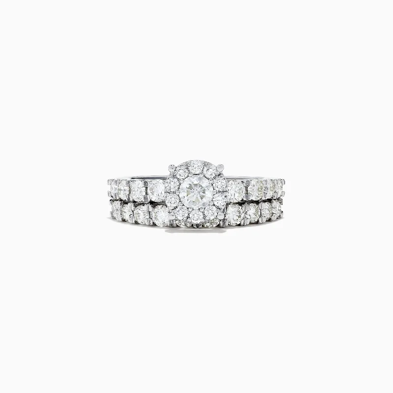 Bridal 14K White Gold Diamond Cluster Ring and Band Set, 1.77 TCW