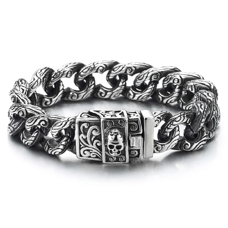 Gothic Retro Style Mens Large Steel Tribal Swirl Patterns Curb Chain Bracelet with Skull Box Clasp