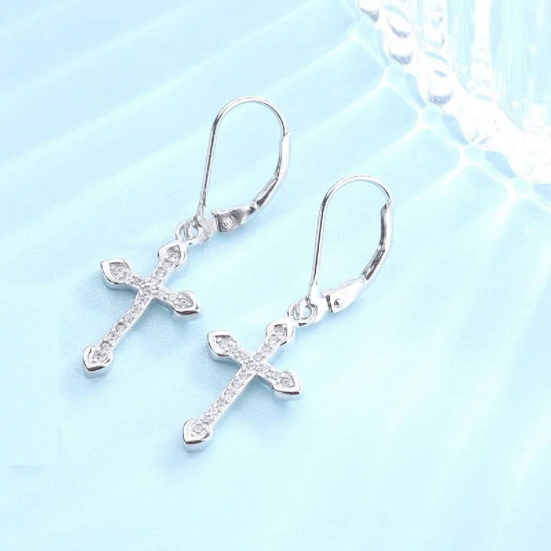 18K White Gold Leverback Cross Earrings with Crystals from Swarovski