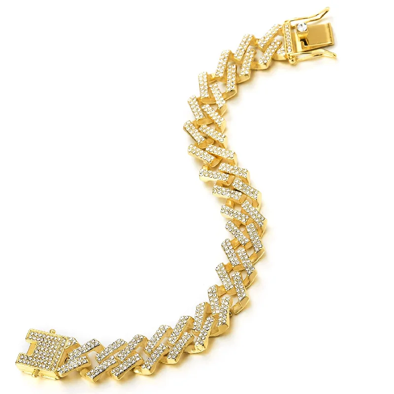 Hip Hop Men’s Women Steel Gold Color Geometric Square Cuban Curb Chain Bracelet with Cubic Zirconia