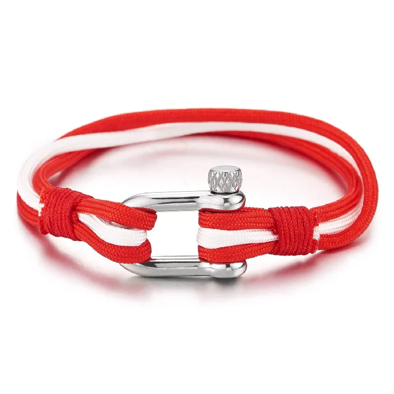 Men Womens Steel Screw Anchor Shackles Nautical Sailor Red White Cotton Rope Wrap Bracelet Wristband